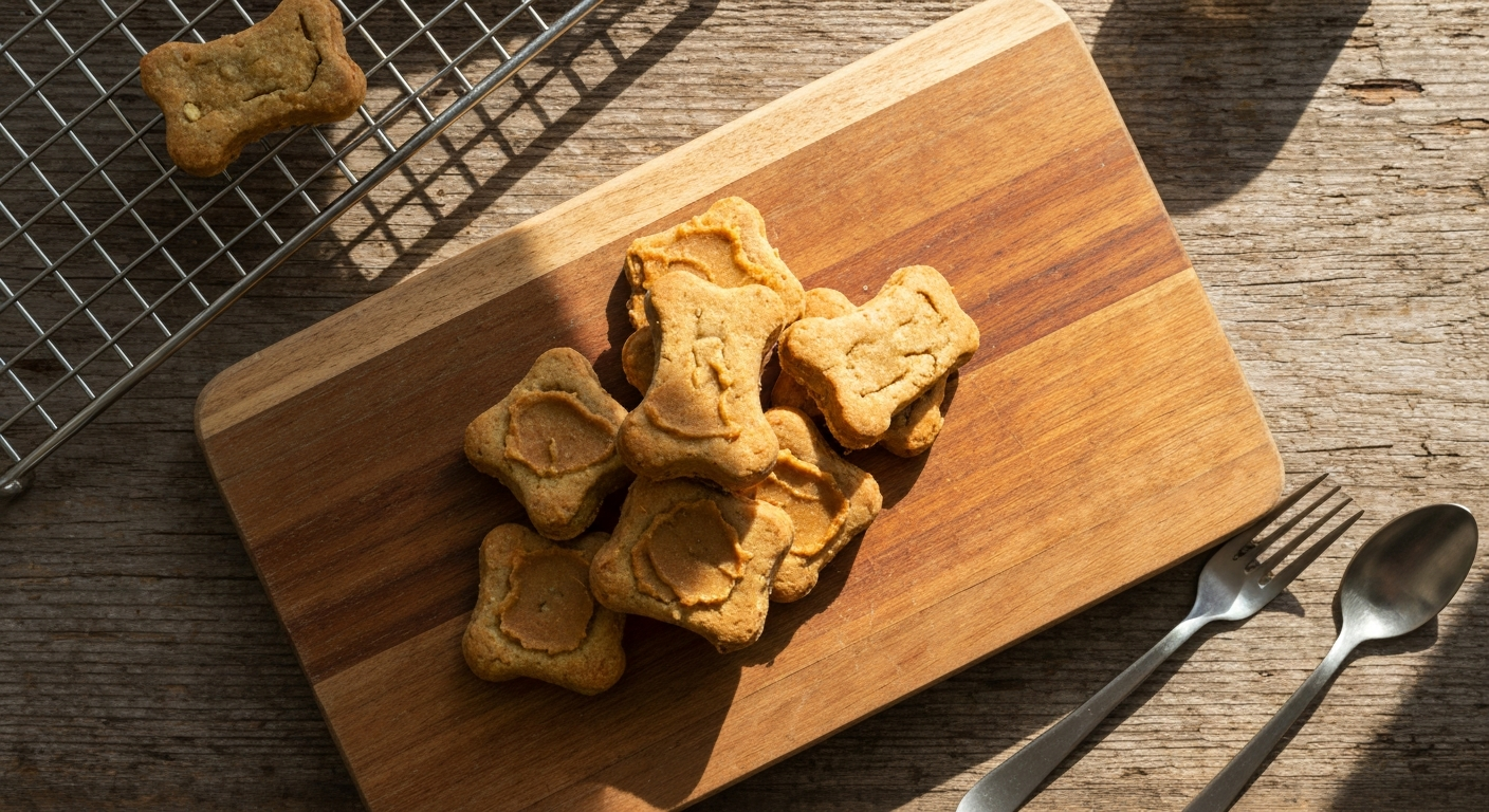 Peanut Butter & Banana Dog Biscuits — golden-brown baked biscuits on a wooden cutting board with a cooling rack in the background