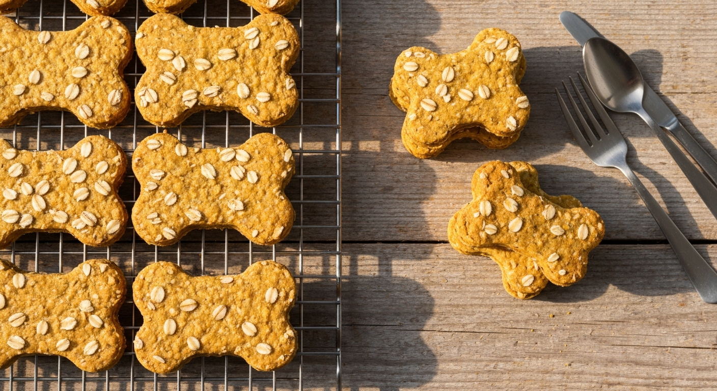 Pumpkin & Oat Dog Biscuits — An overhead shot of homemade pumpkin and oat dog biscuits arranged neatly on a cooling…