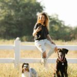 Woman training dogs outdoors in a field - recall training