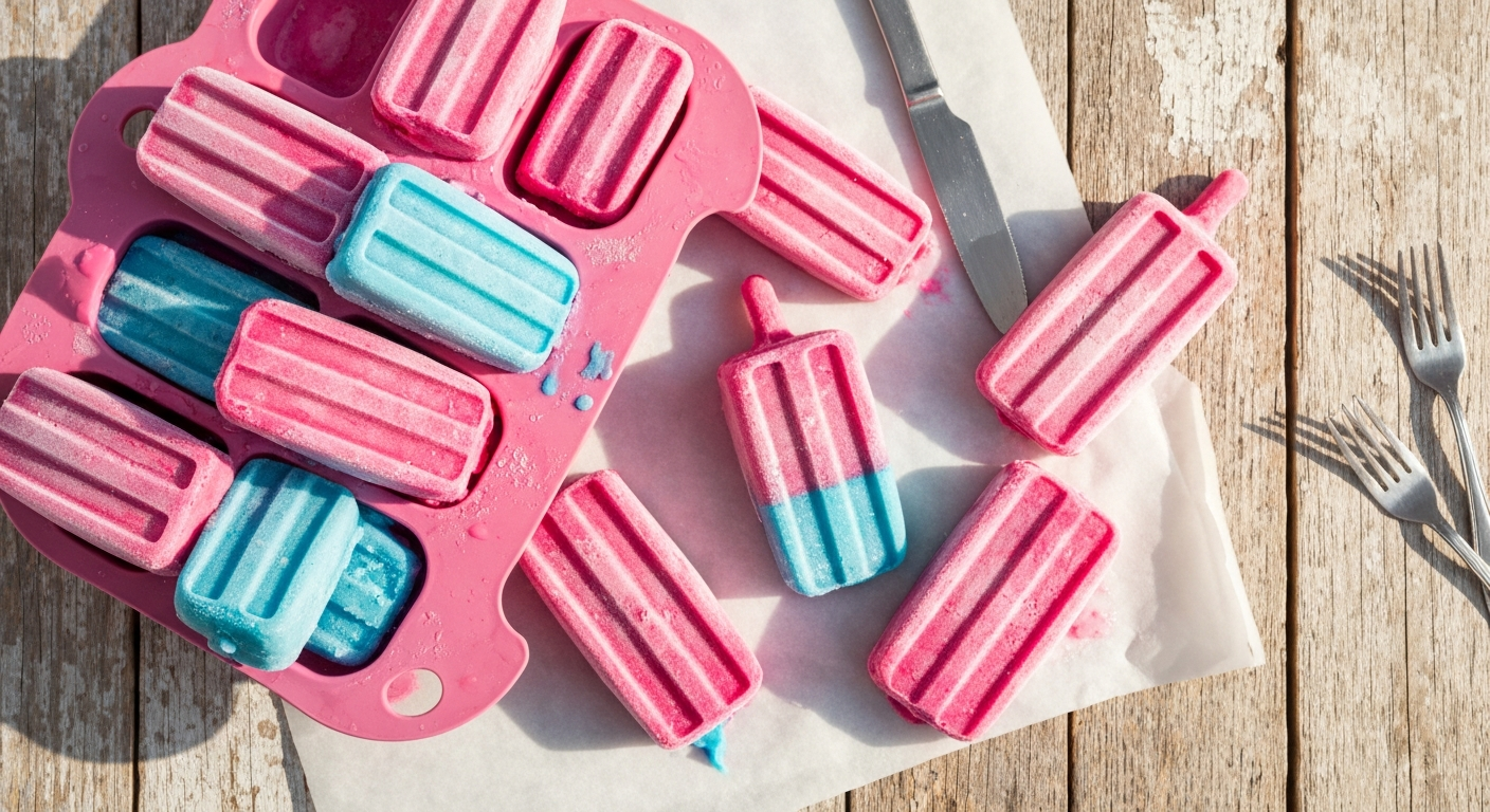 Berry & Yogurt Swirl Frozen Pupsicles — An overhead shot of vibrant pink and blue swirled frozen pupsicles in a silicone mold,…