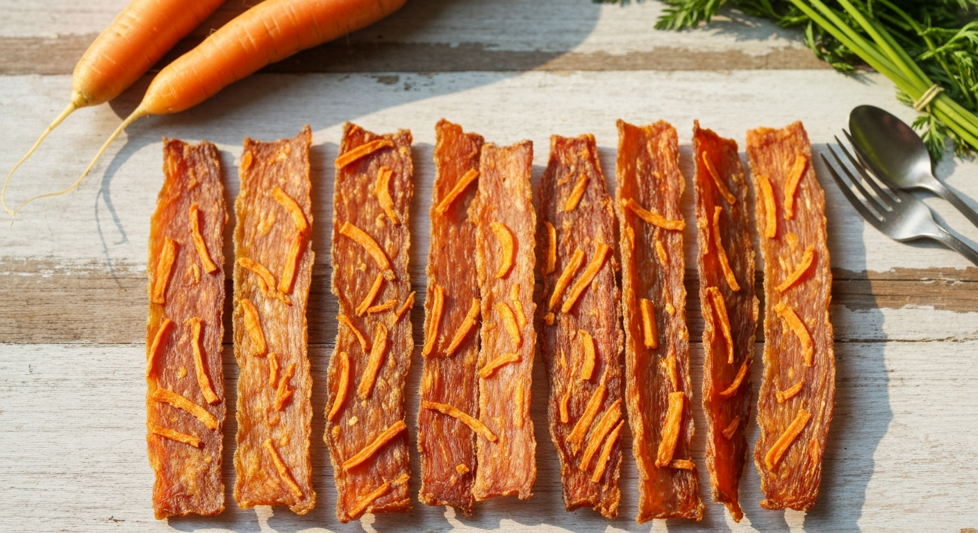 Dehydrated Turkey & Carrot Jerky Chews — An overhead shot of homemade dehydrated turkey and carrot jerky pieces arranged neatly…