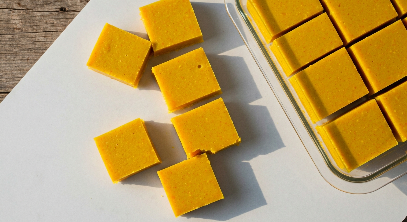 Gut-Supportive Bone Broth & Turmeric Gelatin Squares — An overhead shot of vibrant yellow-orange turmeric gelatin squares